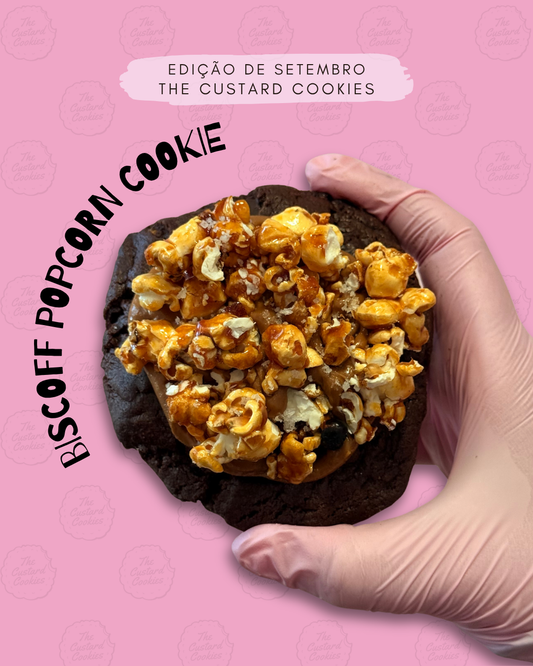 Biscoff Popcorn Cookie de chocolate com creme Biscoff e pipocas caramelizadas