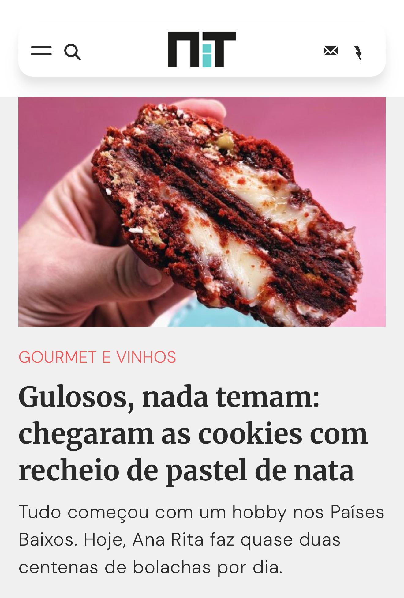 Cookie artesanal recheada com creme de pastel de nata da The Custard Cookies, destaque na revista NiT